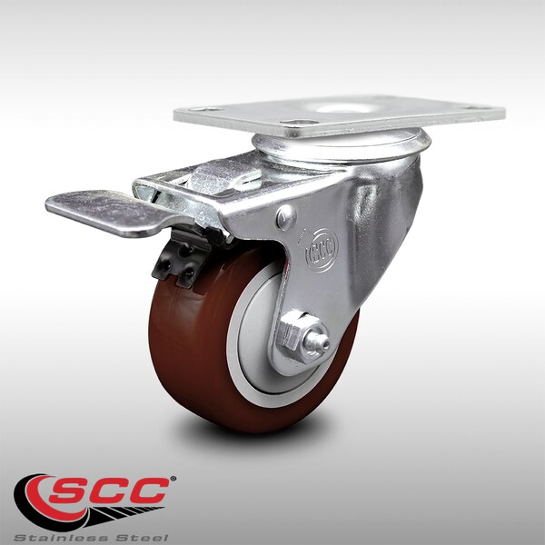 3 Inch SS Maroon Polyurethane Top Plate Caster with Total Lock Brake SCC
